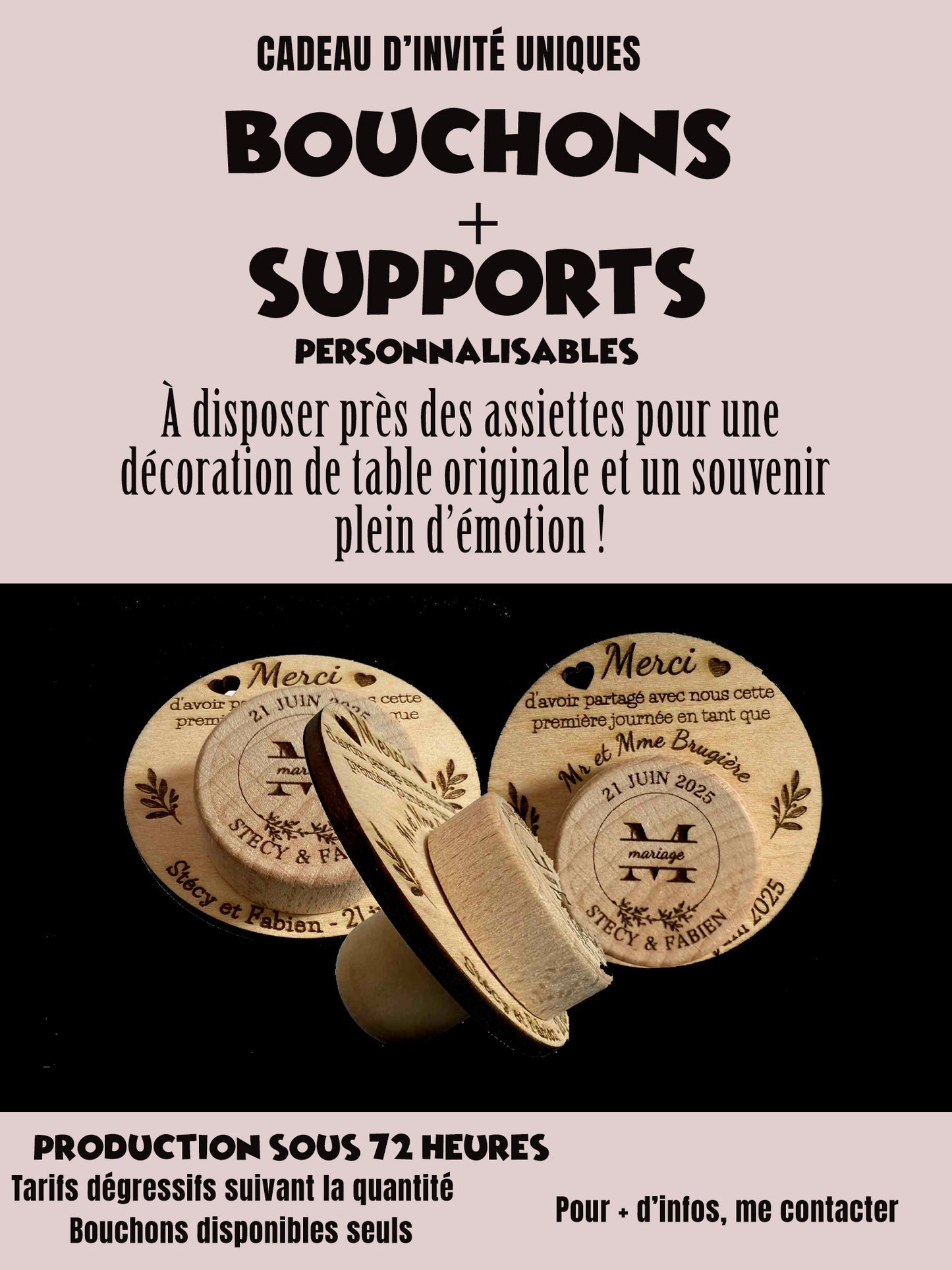 Bouchons personnalisés avec support gravé, personnalisé – Mariage, baptême, anniversaire…