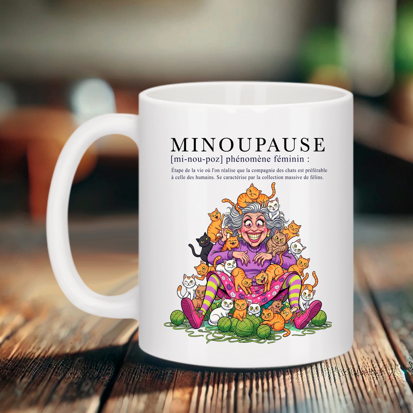 Mug blanc Minopause avec illustration femme sous une avalanche de chats - Bruhle Créations