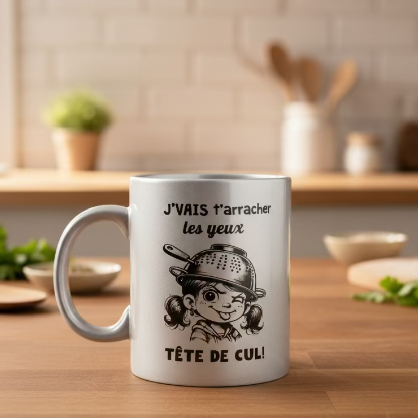 Mug humouristique argenté avec illustration d'une petite fille et texte Je VAIS T'ARRACHER LES YEUX TÊTE DE CUL