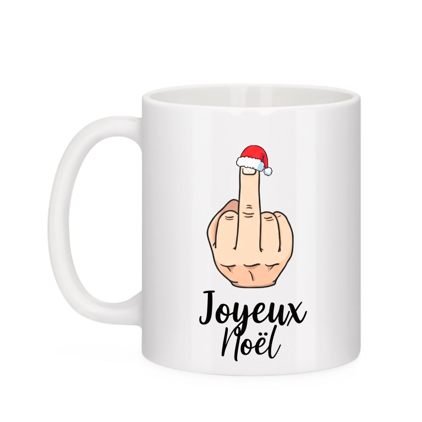 Mug "Joyeux Noël Fuck" humoristique. Cadeau de Noël drôle pour adulte anti-conformiste, avec un doigt d'honneur et un bonnet de Père Noël.