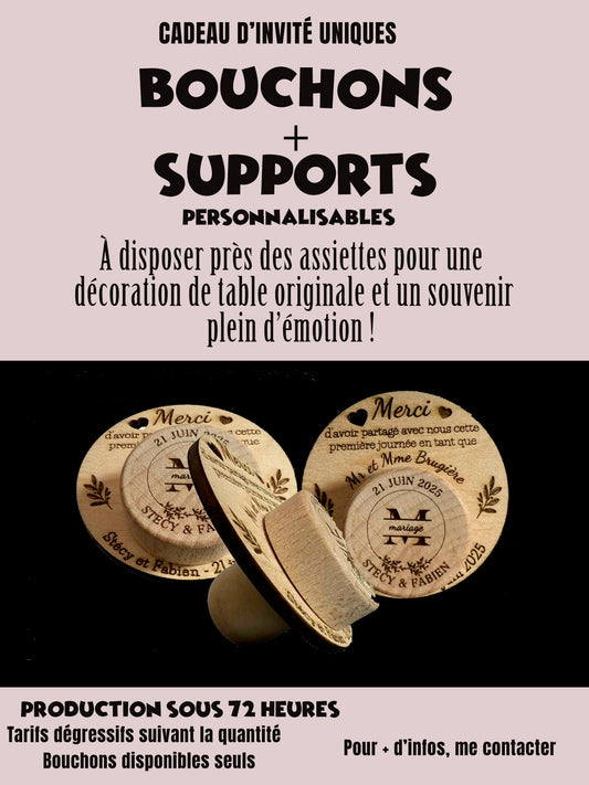 Bouchons personnalisés avec support gravé, personnalisé – Mariage, baptême, anniversaire…