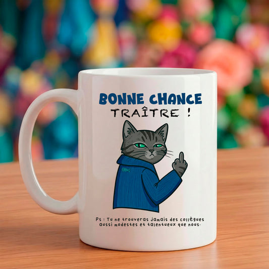 Mug blanc humour départ collègue bonne chance traître illustration chat gris doigt d'honneur bruhle creations.