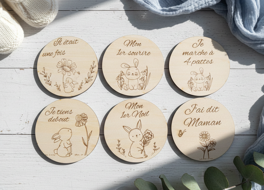 Collection de 6 cartes étapes pour bébé en bois de bouleau gravé, disposées sur un parquet blanc. Les cartes célèbrent des moments clés : il était une fois, mon premier sourire, je marche à 4 pattes, je tiens debout, mon premier Noël, j'ai dit maman, chacune illustrée d'un petit lapin mignon.