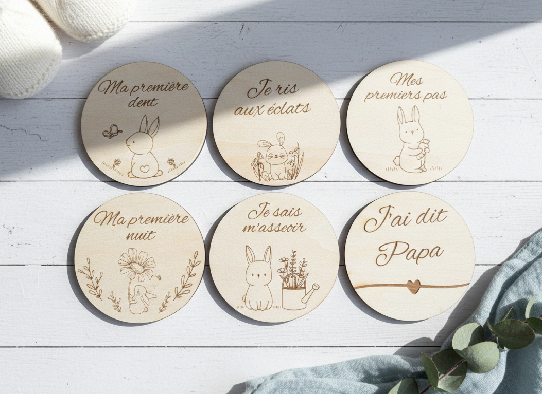Collection de 6 cartes étapes pour bébé en bois de bouleau gravé, disposées sur un parquet blanc. Les cartes célèbrent des moments clés : ma première dent, ma première nuit, je sais m'asseoir, j'ai dit Papa, je ris aux éclats et mes premiers pas, chacune illustrée d'un petit lapin mignon.