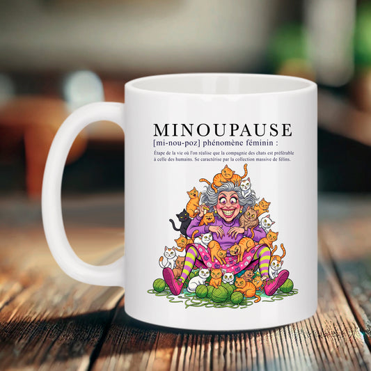 Mug blanc Minopause avec illustration femme sous une avalanche de chats - Bruhle Créations