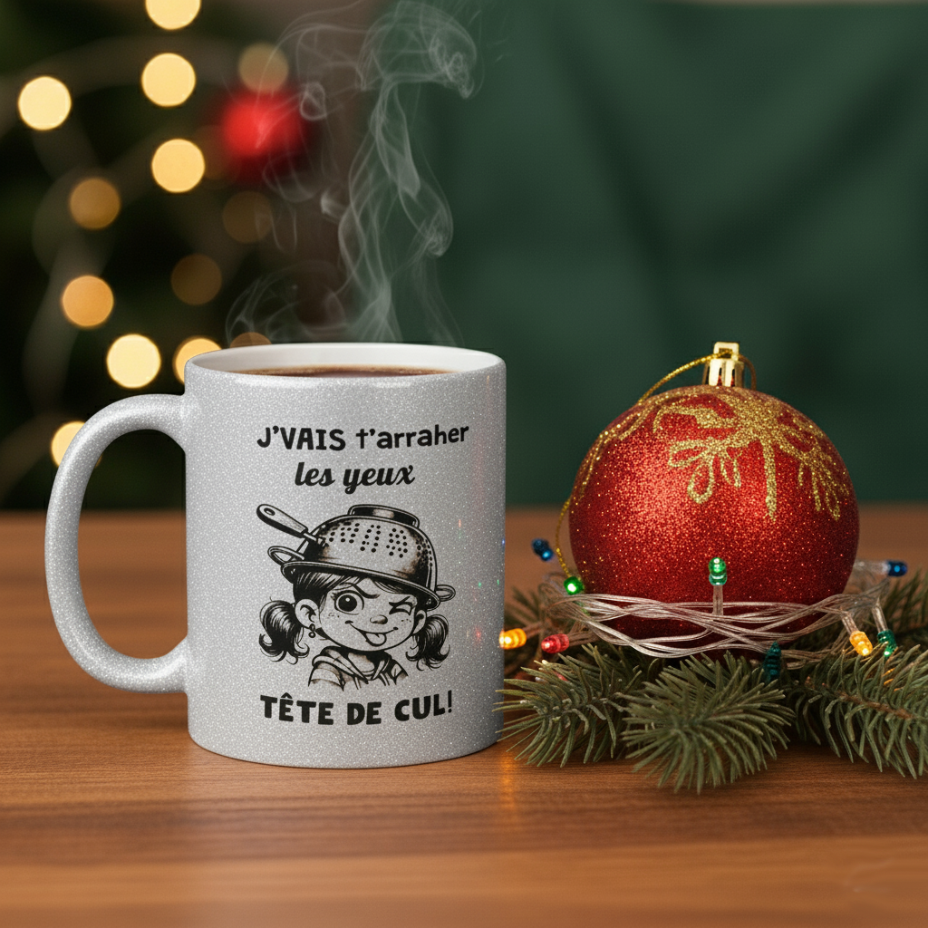 mug argenté J'vais t'arracher les yeux tête de cul