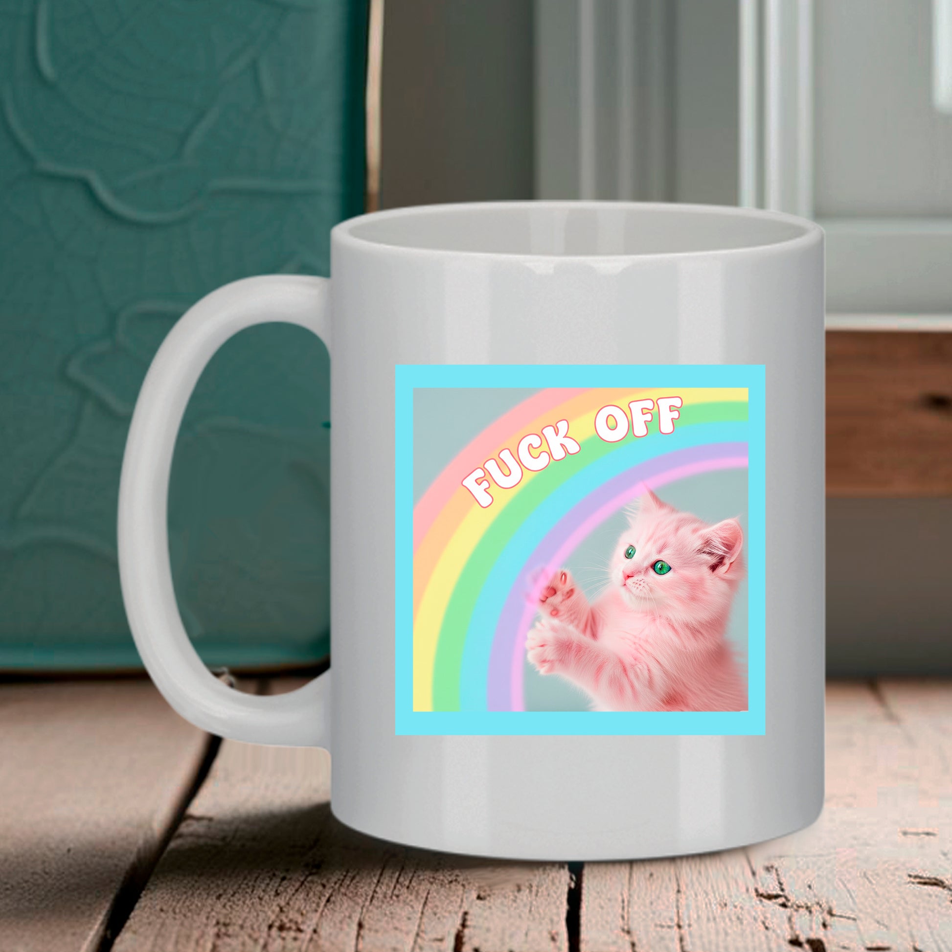mug chaton mignon fuck off arc en ciel