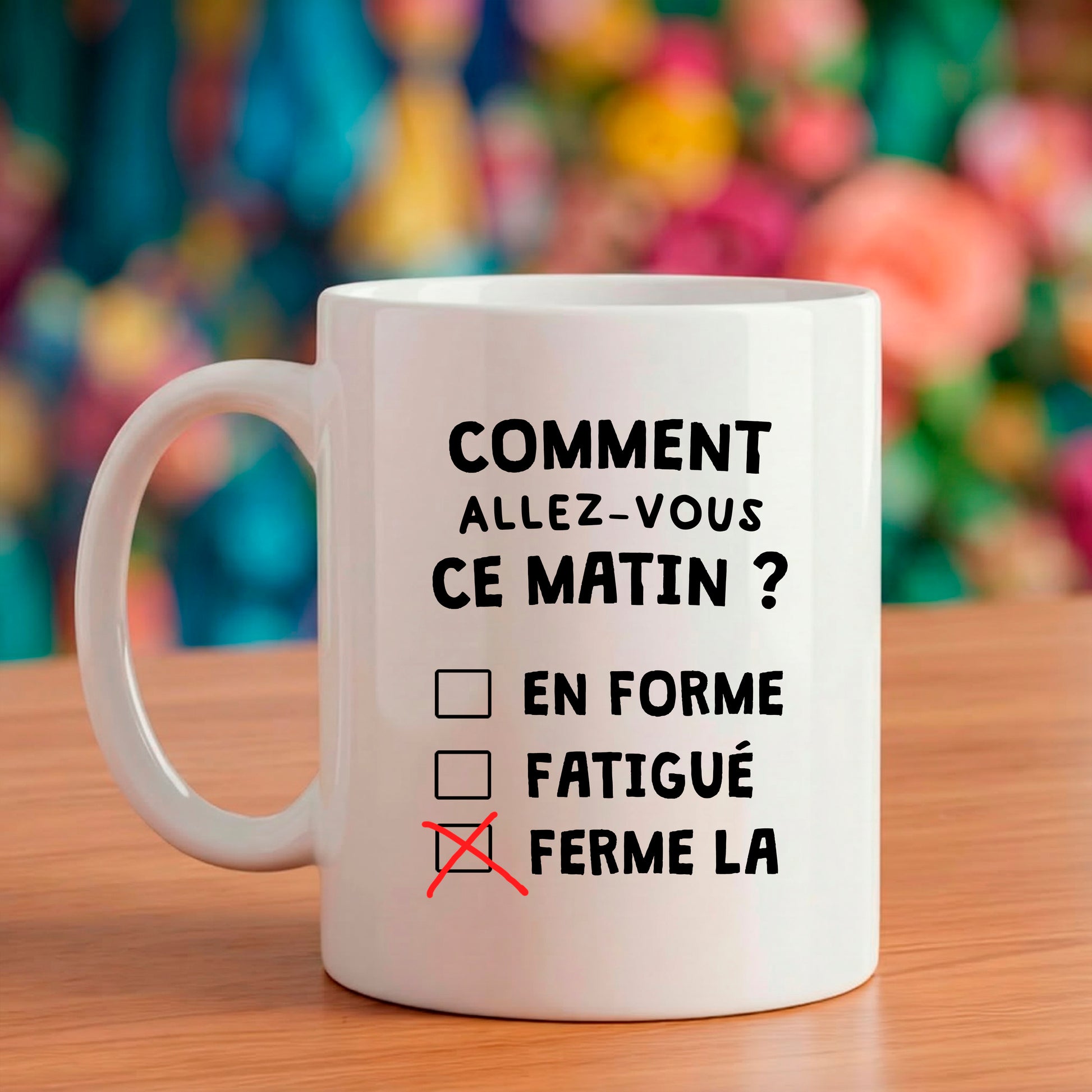 Mug blanc Bruhle Créations design QCM avec option Ferme-la cochée en rouge.