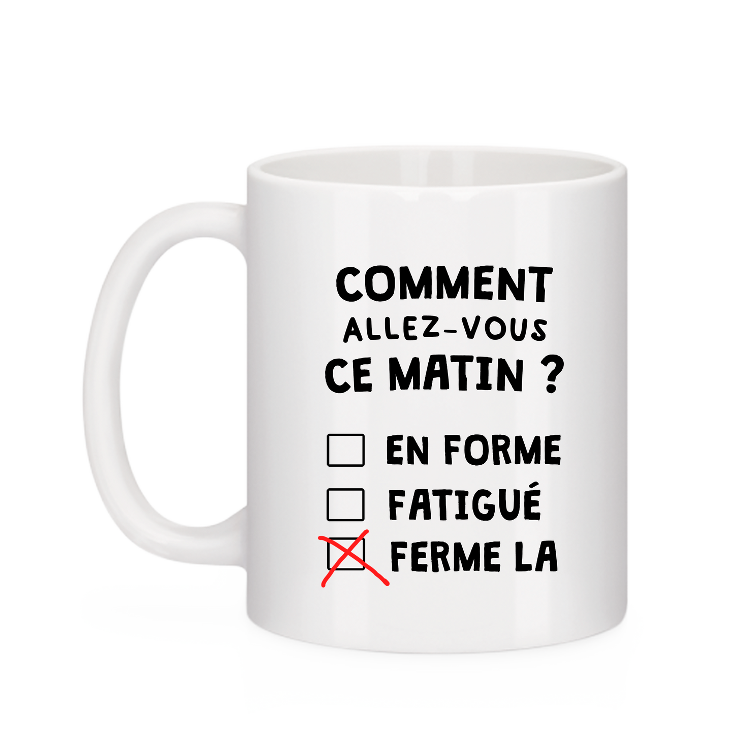 Mug blanc Bruhle Créations design QCM avec option Ferme-la cochée en rouge.
