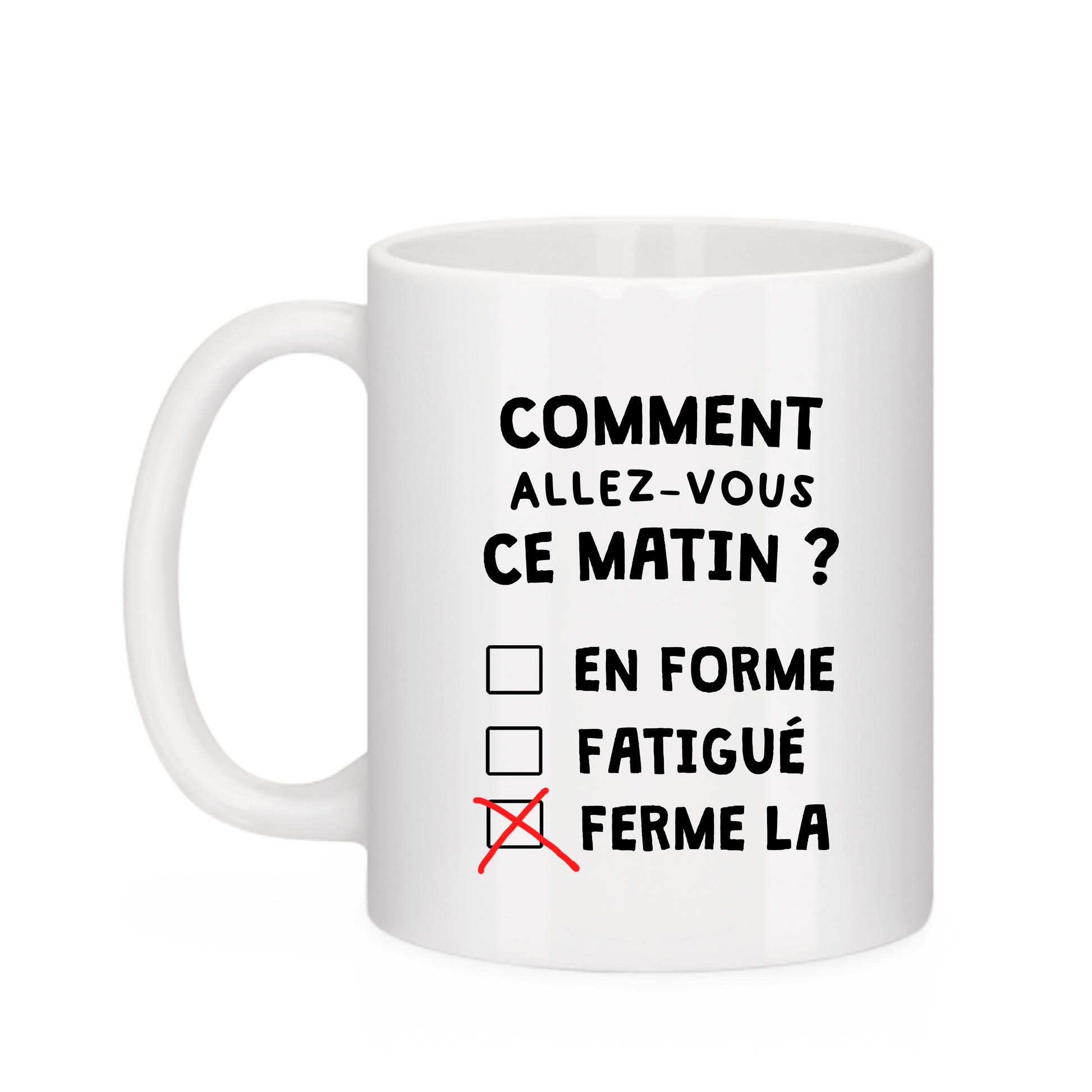 Mug blanc Bruhle Créations design QCM avec option Ferme-la cochée en rouge.