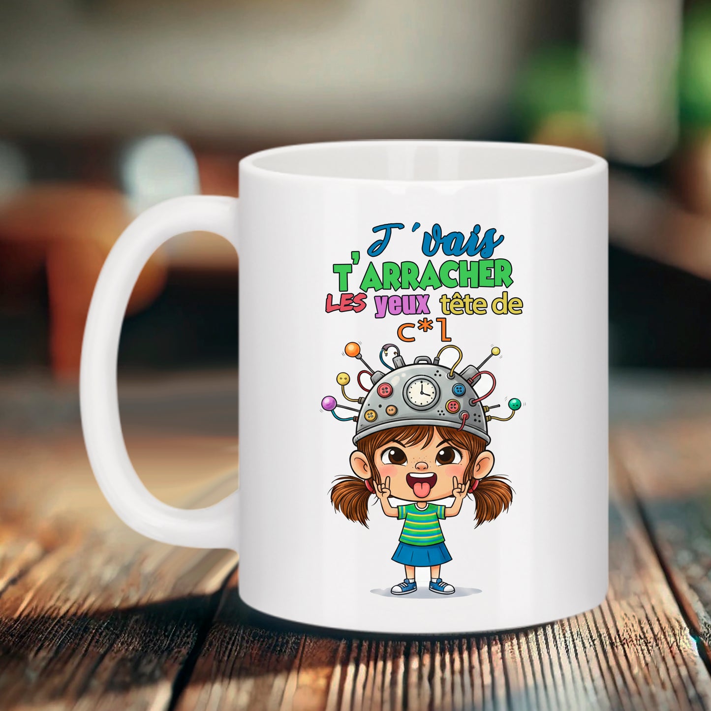 mug humouristique blanc avec dessin d'une petite fille faisant le signe du métal et l'inscription je vais t'arracher les yeux tête de cul