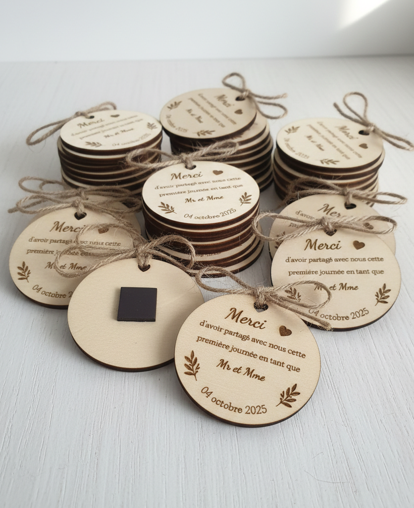 Magnet merci bois de bouleau 5cm cadeau invite mariage