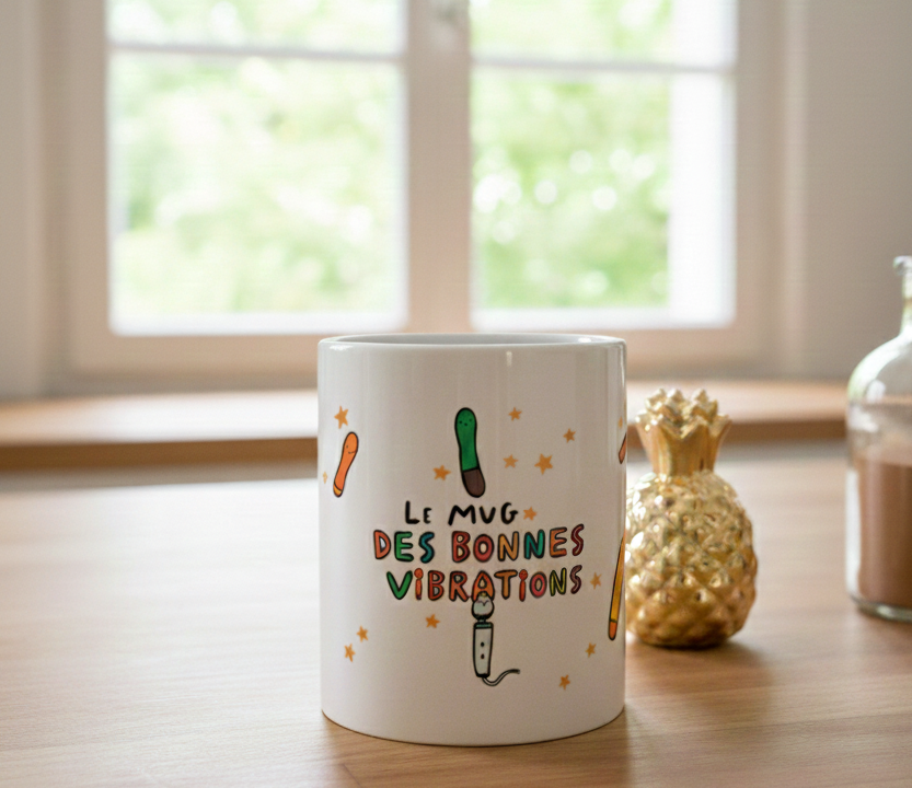 Mug blanc Bruhle avec des illustrations colorées de sextoys mignons entourés d'étoiles et le texte : Le mug des bonnes vibrations en lettres multicolores.