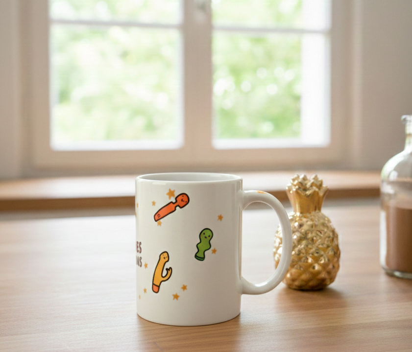Mug blanc Bruhle avec des illustrations colorées de sextoys mignons entourés d'étoiles et le texte : Le mug des bonnes vibrations en lettres multicolores.