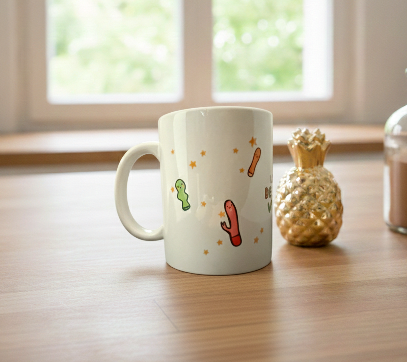 Mug blanc Bruhle avec des illustrations colorées de sextoys mignons entourés d'étoiles et le texte : Le mug des bonnes vibrations en lettres multicolores.