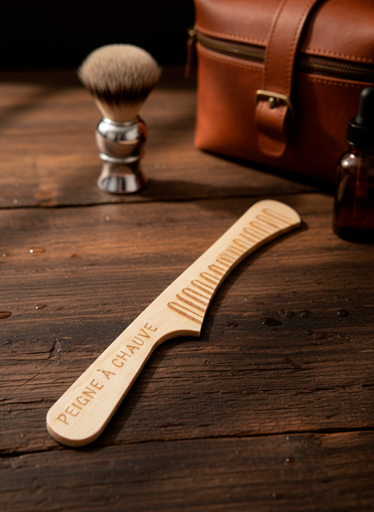 Peigne en bois gravé avec l'inscription Peigne à Chauve posé sur une table en bois - Bruhle Créations