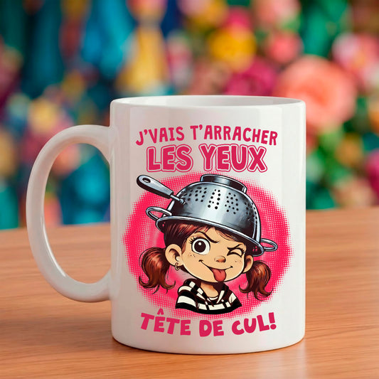 Mug signature BRUHLE édition couleur rose punchline culte j'vais t'arracher les yeux.