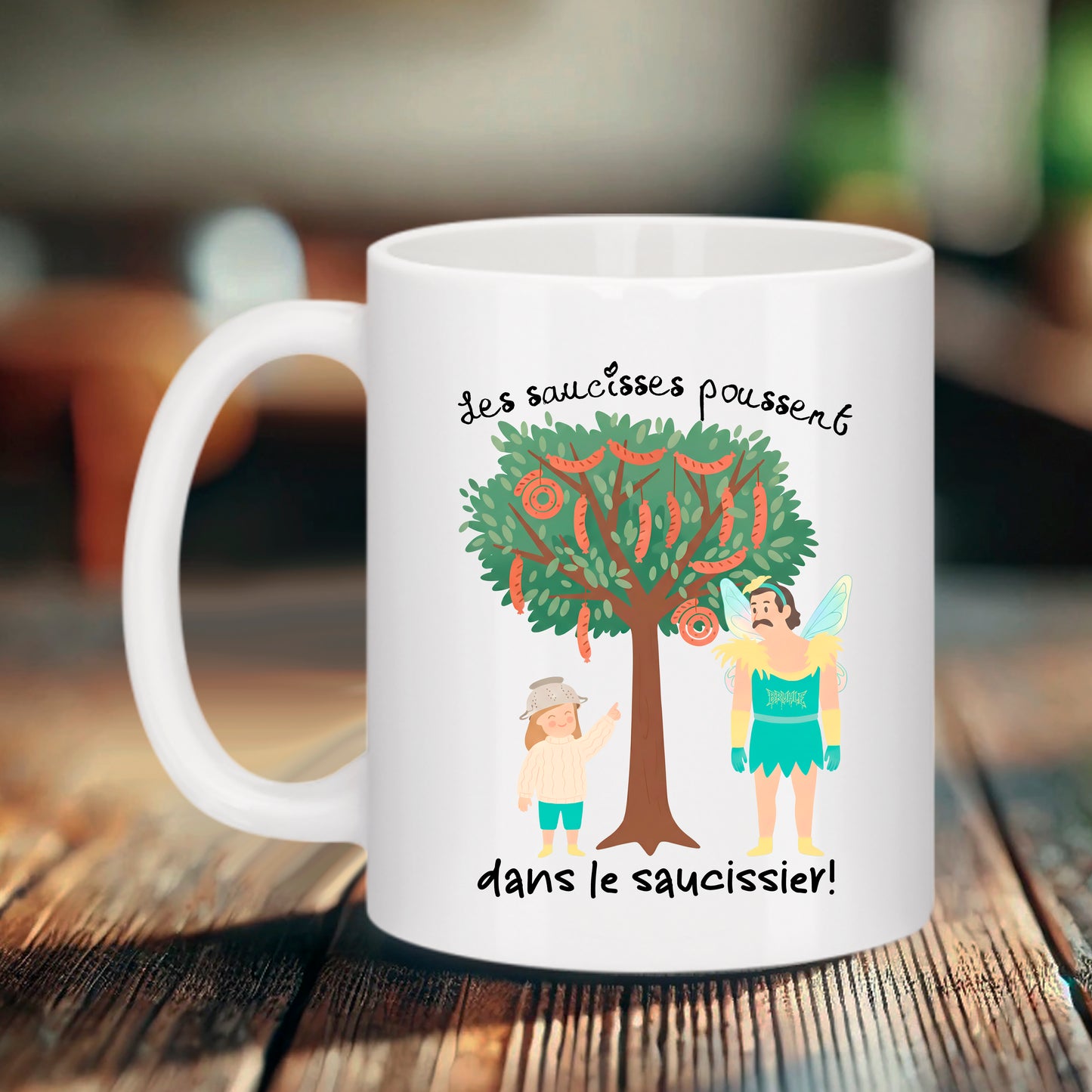 Mug humour absurde illustration saucissier la saucisse est un légume fee et enfant avec une passoire sur la tête