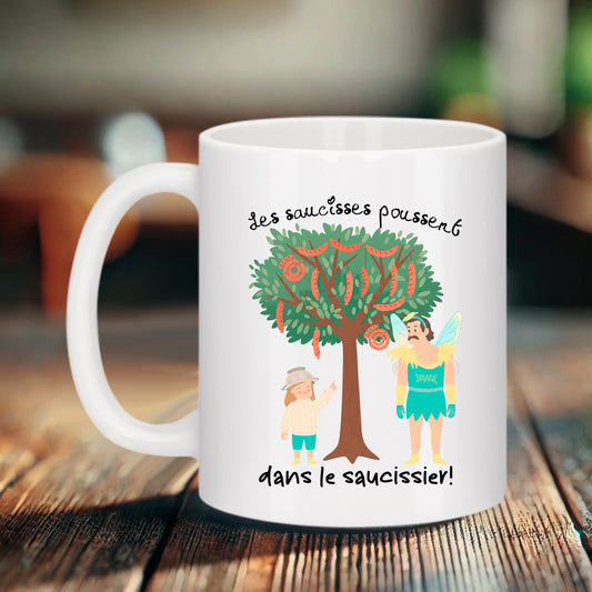 Mug humour absurde illustration saucissier la saucisse est un légume fee et enfant avec une passoire sur la tête