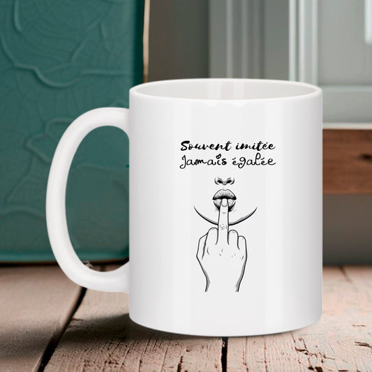 Mug blanc Bruhle avec texte "Souvent imitée Jamais égalée" au-dessus d'un dessin minimaliste montrant une bouche et une main faisant un geste provocateur.