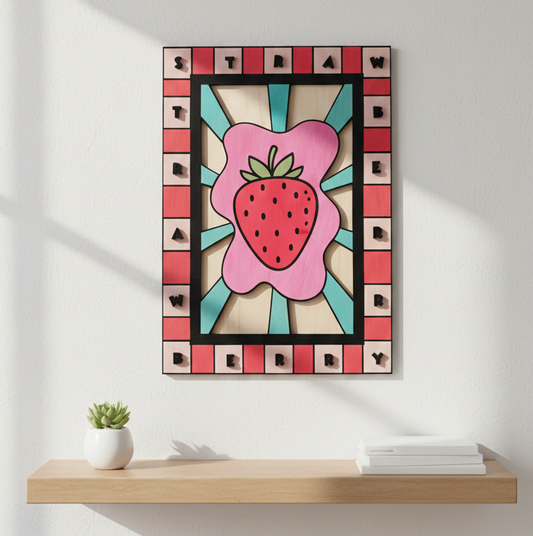 Affiche en bois en relief avec une fraise rouge et rose, lettrage STRAWBERRY découpé au laser, cadre à damier rouge et rose.