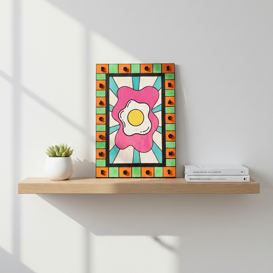 Tableau décoratif en bois Eggs and Bacons, illustration d'œuf au plat sur fond rose et turquoise, cadre orange et vert.