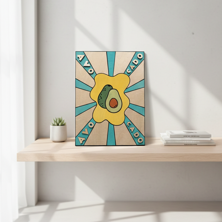 Tableau mural en bois de bouleau représentant un avocat style Pop Art, texte AVOCADO découpé au laser, peinture faite main vert et jaune.