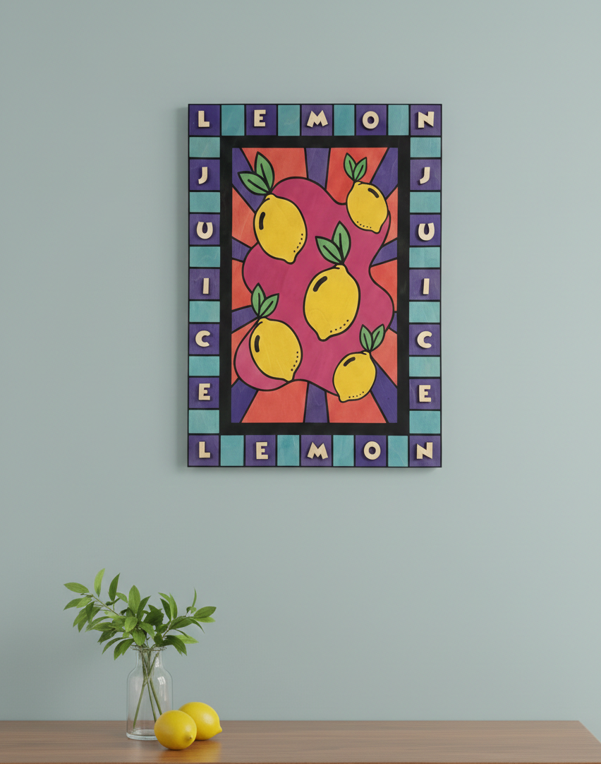 Tableau mural en bois de bouleau Lemon Juice style pop art avec lettres en relief et citrons jaunes sur fond coloré, dimensions 40x28cm.